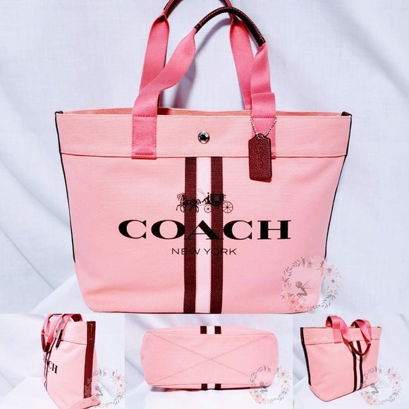 Coach Handbags - 🆕HP🆕Coach Large Canvas Stripe Tote Bright Coral